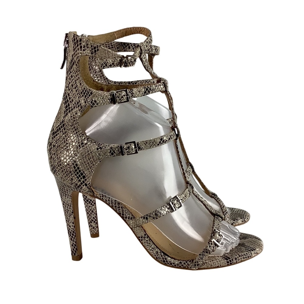 BCBGeneration Snakeskin Gladiator Stiletto Sandals Metallic Beige MultiSize 8.5M